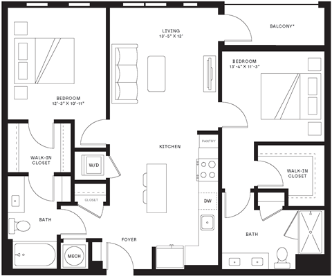 Floor plan for 2 beds, 2 baths, 1064 sqft